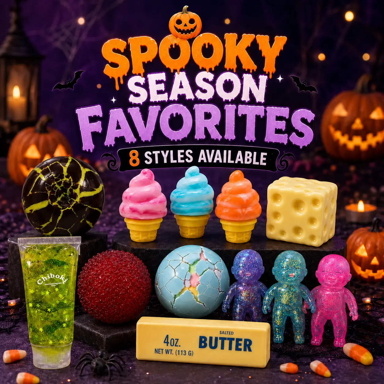 Halloween Squishy Fidget Toy, Spooky Sensory Squeeze with Glitter, Gooey, Crackle or Soft Texture, Collectible Desk Toy, Halloween Party Favor, Novelty Gift and Trick-or-Treat Basket Stuffer