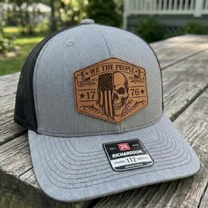 We The People Leather Patch Hat, Vintage Americana Patriotic Trucker Cap, Retro 1776 Constitution Skull Snapback