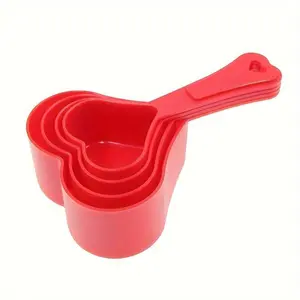 Set of 4 Heart Shaped Measuring Cups and Spoon for Coffee Medicine Plastic Powder 60ml 80ml 125ml 250ml for Indoor Outdoor Use, Party, Wedding, Birthday, Xmas Valentine's day and Everyday Use