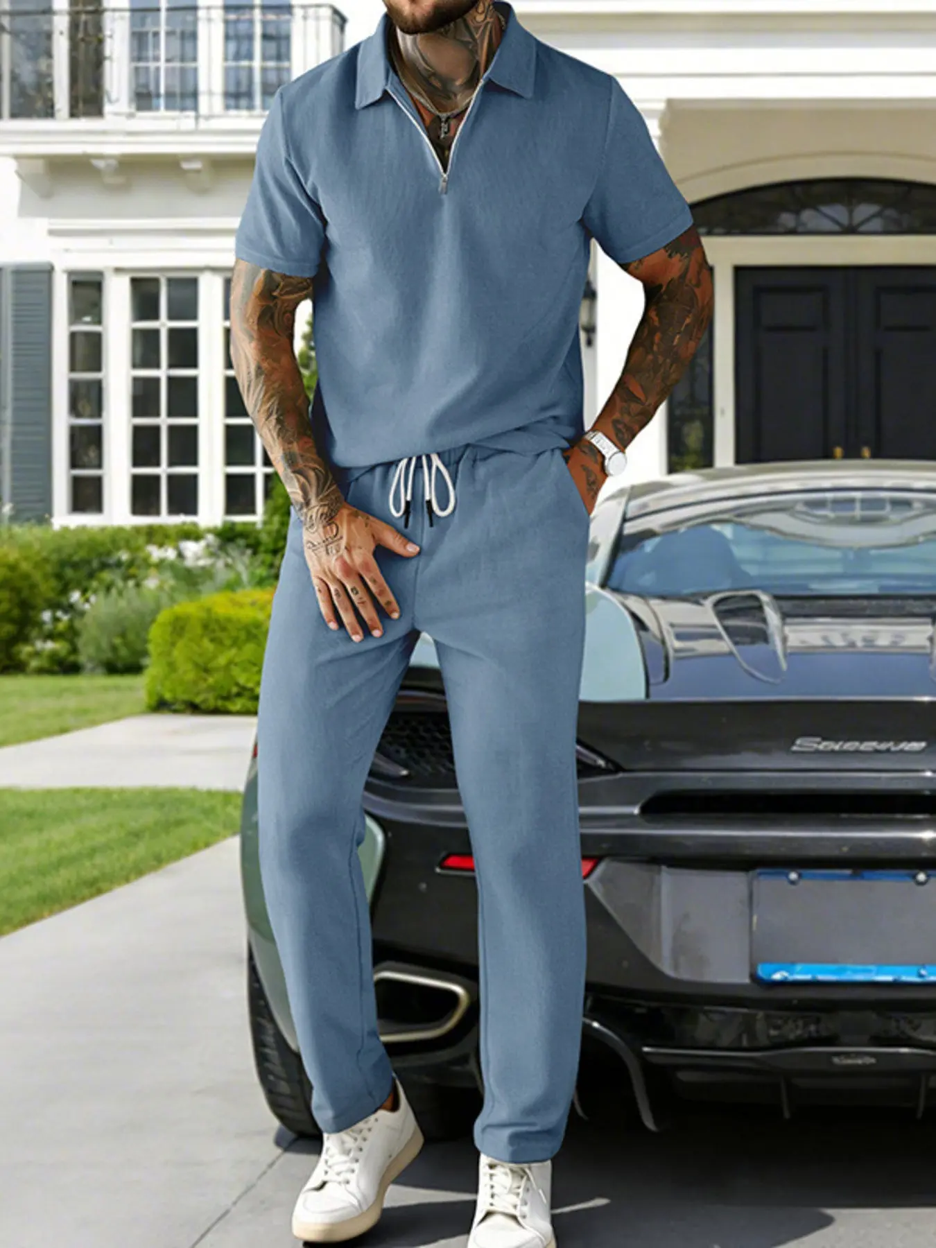 Men's Full Size Casual Zipper Polo Shirt and Drawstring Pants Set Plus Size