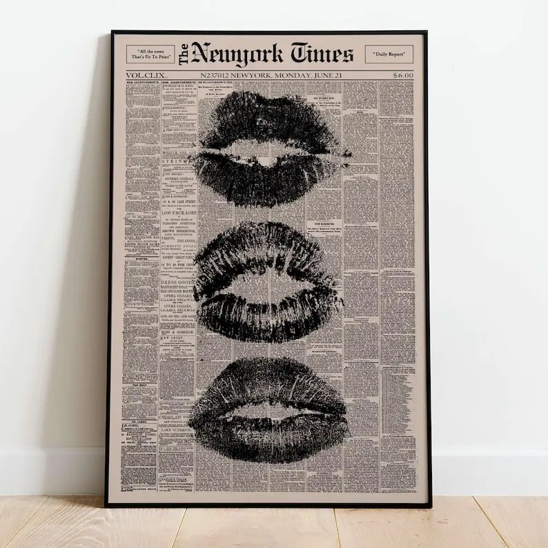 Trendy Black Kiss Lips Newspaper Poster, Vintage Black And White Wall Art, Retro Aesthetic Print, Canvas Wall Hanging, Girly Wall Decor Poster - Unframed