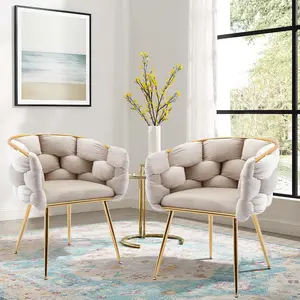 Velvet Dining Chairs, Modern Accent Chair with Golden Mental Legs, Upholstered Hand Weaving Armchair for Dining Room Kitchen Living Room (Beige Set of 2)