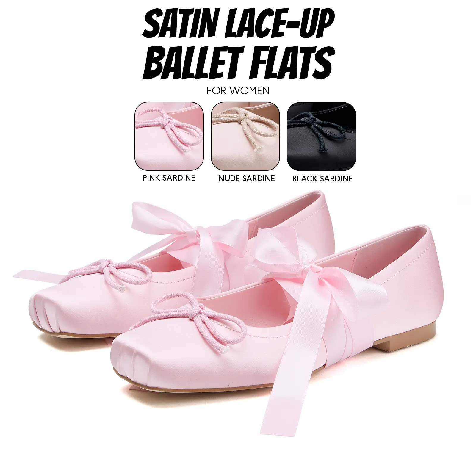 Womens Satin Ballet Flats Closed Square Toe Flat Heel Cute Toe Bow Detail Ankle Ribbon Tie Strappy Comfy Slip On Gifts for her Party Wedding Dating Mary Jane Pumps Fashion Footwear for Specail Occasions Chic Spring Summer Ballerina Dressy Shoes