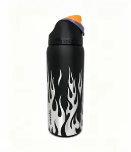 Owala FreeSip Insulated Water Bottle Black & Silver Flame Design Travel Cup Leak Proof Stainless Steel Thermos Mug Keeps Drinks Cold 24H Drinkware Flasks Drinkware Flasks Bottled Portable Funny Unicorn Sparkle Rage
