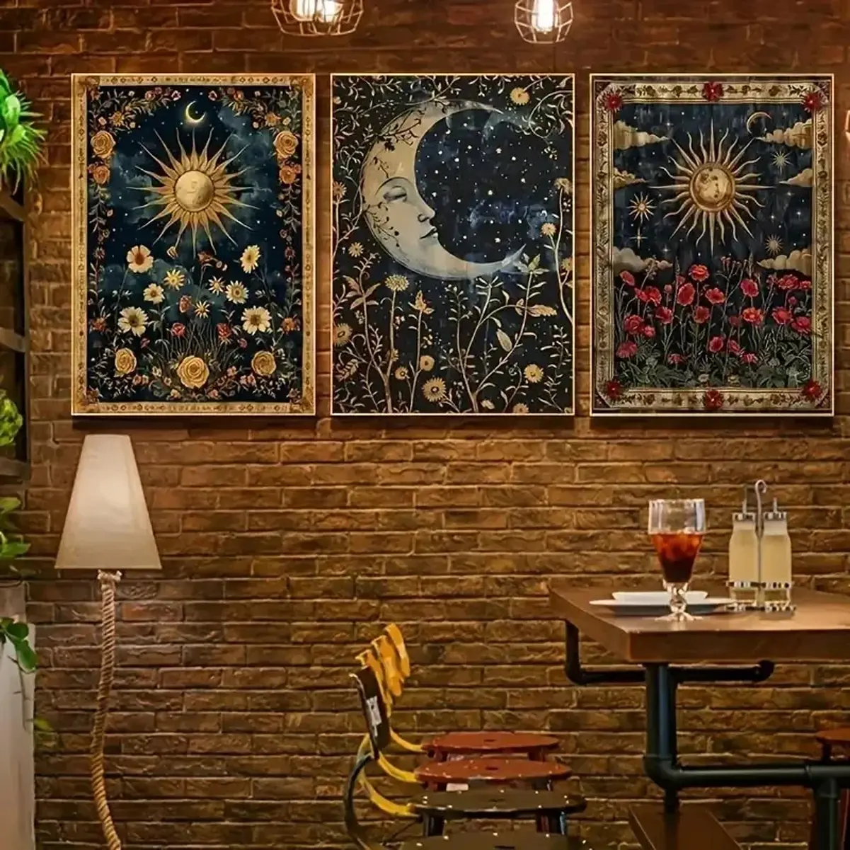 3pcs/set Bohemian Style Canvas Wall Art Set, The sun Crescent Moon & Botanical Prints, Frameless Modern Celestial & Floral Posters for Li, Modern Floral Paintings, Wall Art Decor