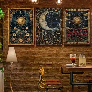 3pcs/set Bohemian Style Canvas Wall Art Set, The sun Crescent Moon & Botanical Prints, Frameless Modern Celestial & Floral Posters for Li, Modern Floral Paintings