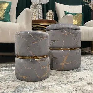 Furnimart Round Velvet Storage Ottoman,vanity Stool Chair,Upholstered Foot Rest Stool with Gold Plating Band for Living Room or Bedroom,Pack of 2