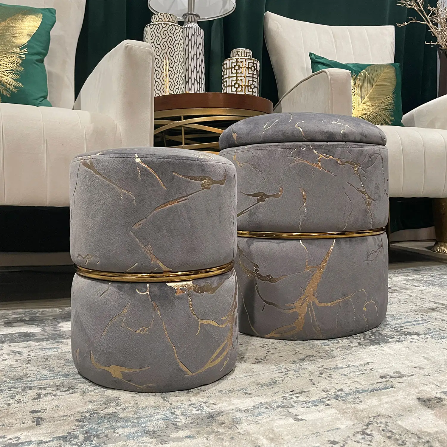 Furnimart Round Velvet Storage Ottoman,vanity Stool Chair,Upholstered Foot Rest Stool with Gold Plating Band for Living Room or Bedroom,Pack of 2