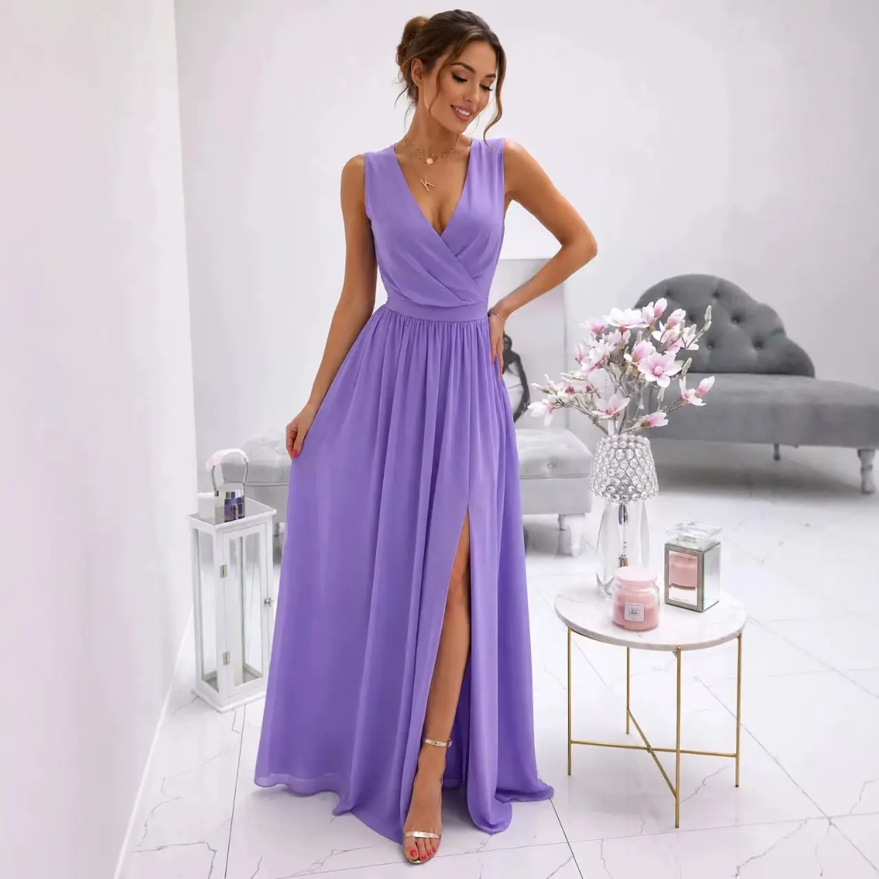 Elegant Purple Maxi Dress with V-Neck and High Slit for Special Occasions