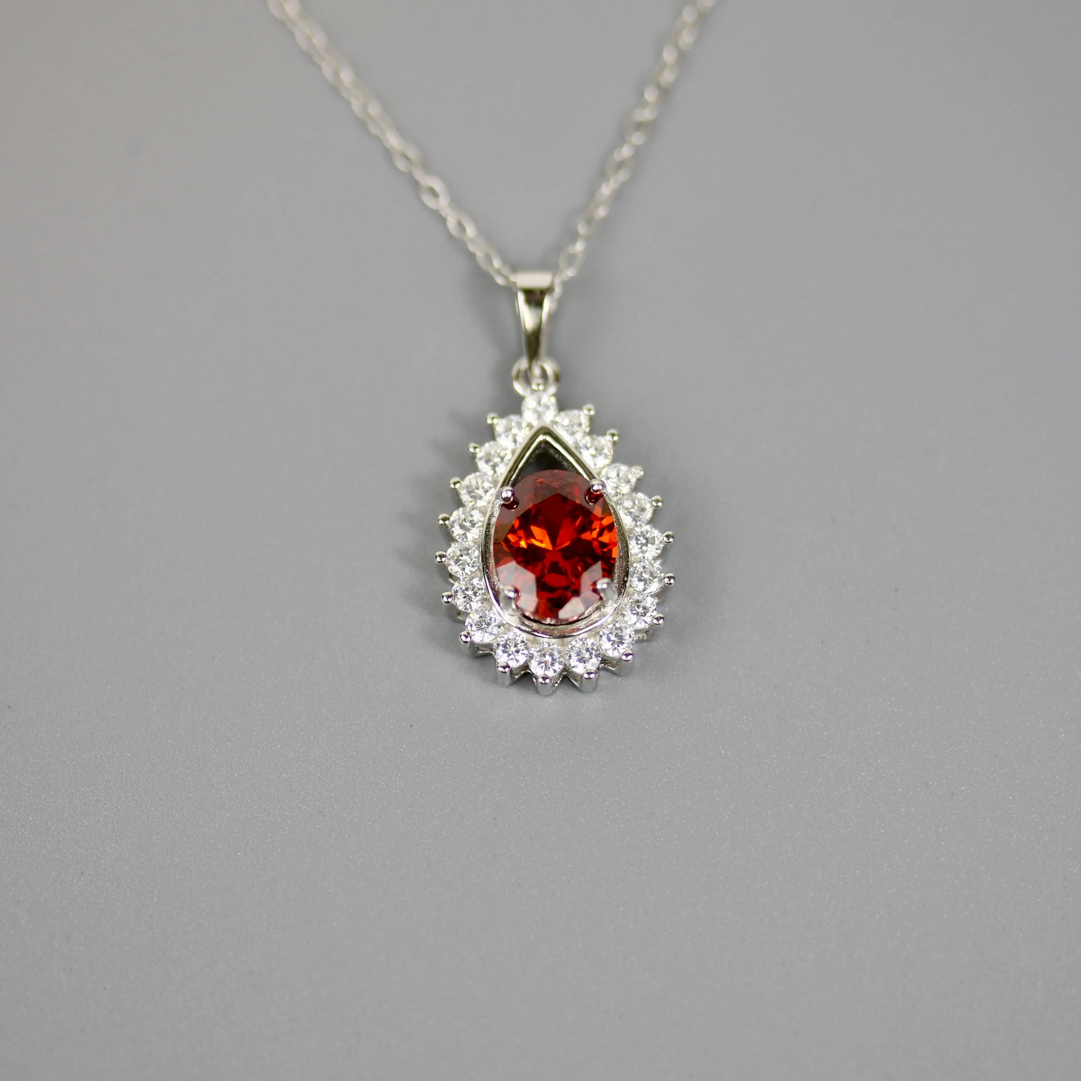Silver 925 Rhodium Plated Red Teardrop Cluster CZ Stud Necklace