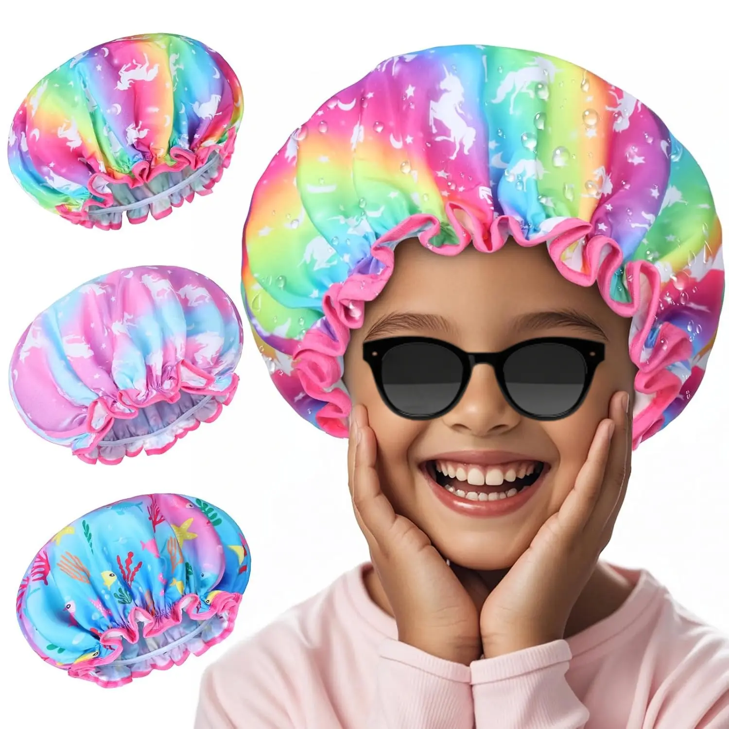 X-KCP04  Kids Shower Caps, 3 Pcs Shower Caps for Girls Reusable, Double-Layer Waterproof Extra Large Shower Cap Adjustable Cute Unicorn Toddler Shower Cap Hair Cover Hair Cap, Ideal for All Hair Lengths