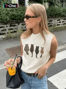 Women's Round Neck Cat Print Sleeveless Casual Everyday Street Fashion Knit Vest, Fitted Cartoon Pattern, Spring & Fall Tops, Womenswear