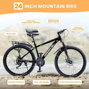 24 26 inch Kids Bike, Kids Mountain Bike for Boys and Girls Over 6 years with 21-Speed Drivetrain, Suspension Fork, Dual Disc Brakes, Rear Rack, Internal Cable, Kids' Bicycles with Multiple Colors