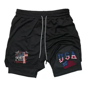 USA Patriotic Men's Streetwear 2-in-1 Shorts Sweat Shorts with God Bless America Graphic Print Drawstring Waist Casual Summer Shorts for Men Trendy Drip Clothing Liner Compression Quick Dry Gym Workout