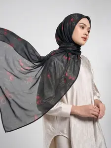 Women's Vintage Dark Pomegranate Print Long Scarf, Muslim Luxury Textured Headscarf, Chic Sun Protection Shawl for All Seasons