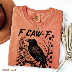 F-CAW-F Funny Halloween Shirt – Comfort Colors Crow Raven Tee, Dark Bird Graphic Shirt, Gothic Floral Checkered Top, Grunge Relaxed Fit Unisex T-Shirt for Men & Women