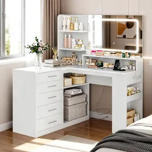L-Makeup Vanity Desk with LED Light Mirror & Power Outlet, Corner Makeup Dressing Table with 5 Drawers & 4 Open Storage Shelves, for Bedroom, White