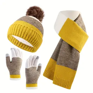 3PCs Colorblock Knitted Hat Scarf Gloves Set Thick Warm Winter Textured Twists Elegant Outdoor Daily Use