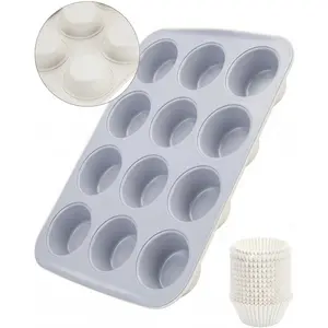 Ceramic Muffin Pan 12 Cup with 200 Cupcake Liners, Non-Stick &  Baking Tin for  Muffins and Cupcakes,  for  Kitchens and Parties