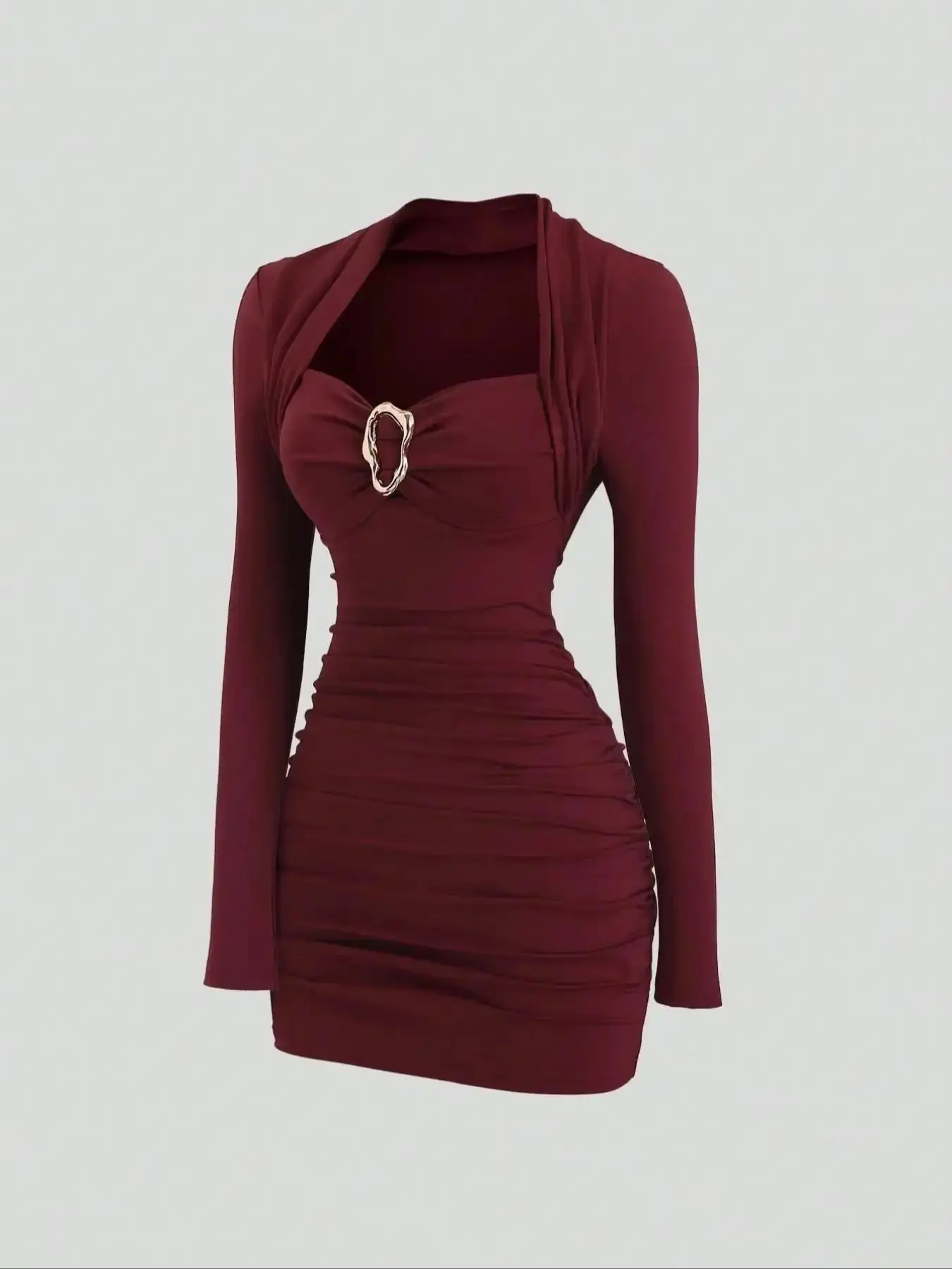 Elegant Party Cocktail Dress for Autumn Winter, Wine, Metal Decorations, Slim Fit, Perfect for Christmas and Formal Occasions