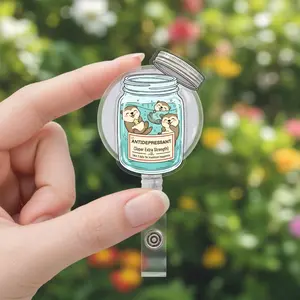 Acrylic Badge Reel: Retractable Id Holder, Otter Jar Illustration, Anti-Depressants Text