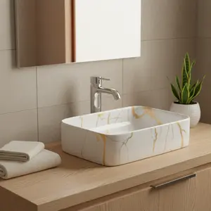 My Luxury Flooring 19"x15"x6" Designer Ceramic Countertop Vessel Sink - Above Counter Marble Pattern Rectangular Bowl Sink for Modern Bathrooms Matte and Glossy Finish- Artiz Series