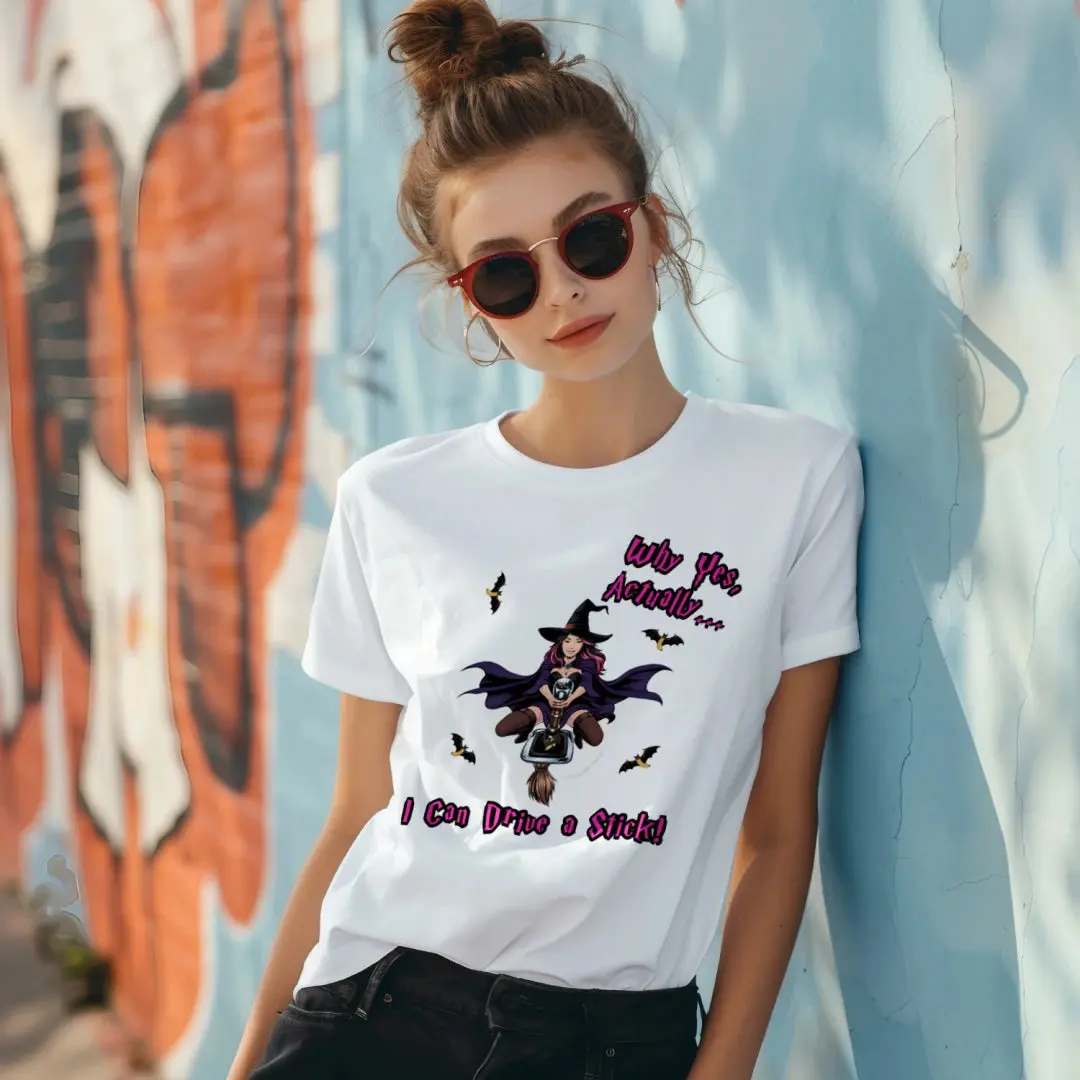 Why Yes Actually I Can Drive a Stick Comical Witch Riding a Broomstick Halloween T-shirt, Spooky Witch Tee, Halloween Apparel