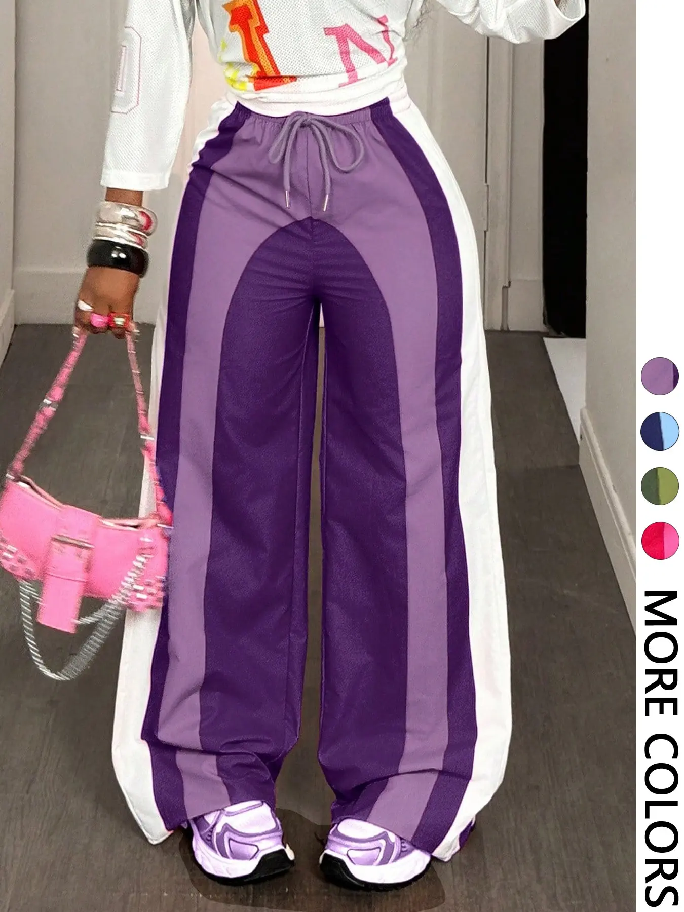 1 Piece  Women's Colorblock Wide Leg Pants, Stylish Patchwork Design Bottom, Womenswear
