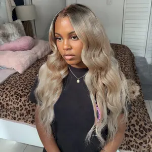 180 Density Ombre Blonde Colored 13x6 Lace Front Human Hair Wig Milk Tea Colored with Dark Brown Roots Body Wave Wigs Pre Plucked for Women