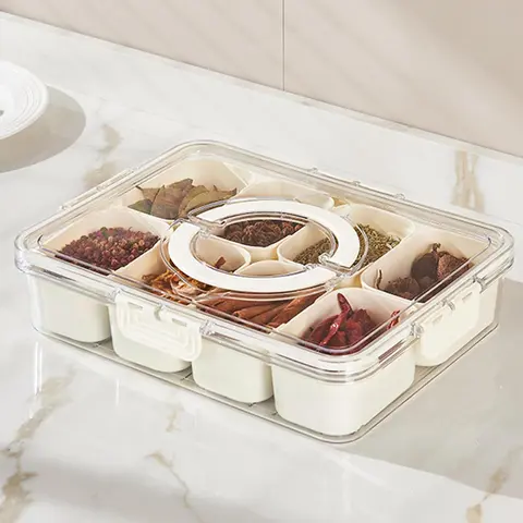 MIUVA 8-Compartment Stackable Plastic Serving Tray with 8 Parts, Food Cover, Dustproof Lid, Buckle Design, Portable Handle, Leak-Proof Seal, Easy Replenishment, Healthy and Safe Kitchen Food Storage Container for Families