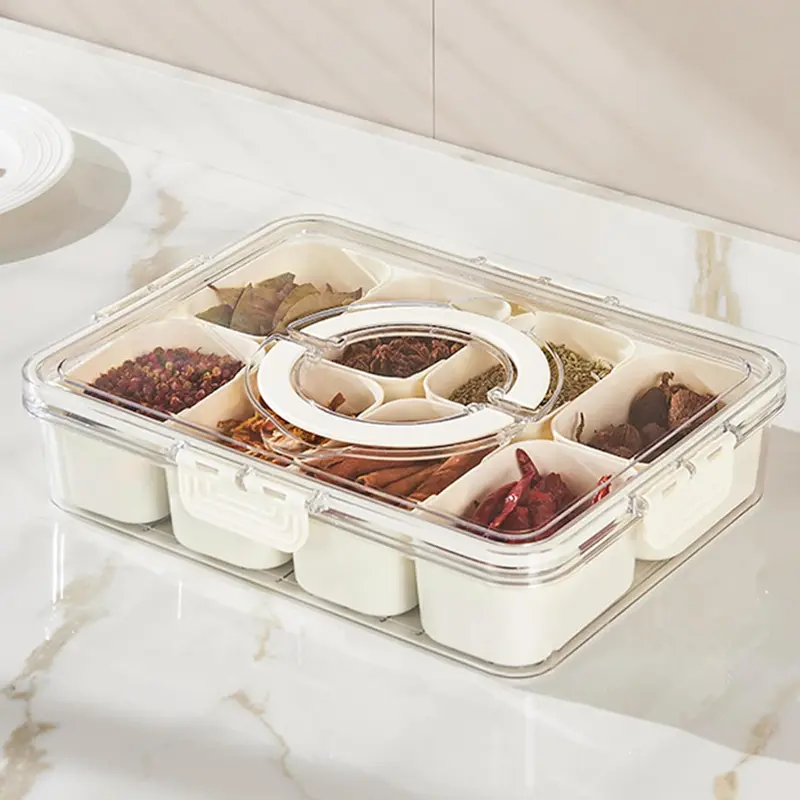 MIUVA 8-Compartment Stackable Plastic Serving Tray with 8 Parts, Food Cover, Dustproof Lid, Buckle Design, Portable Handle, Leak-Proof Seal, Easy Replenishment, Healthy and Safe Kitchen Food Storage Container for Families