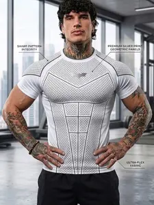 Men's Sporty T-Shirt, Geometric Pattern Short Sleeve Top, High Stretch Street Style, Ideal for Gym, Training, Casual Wear