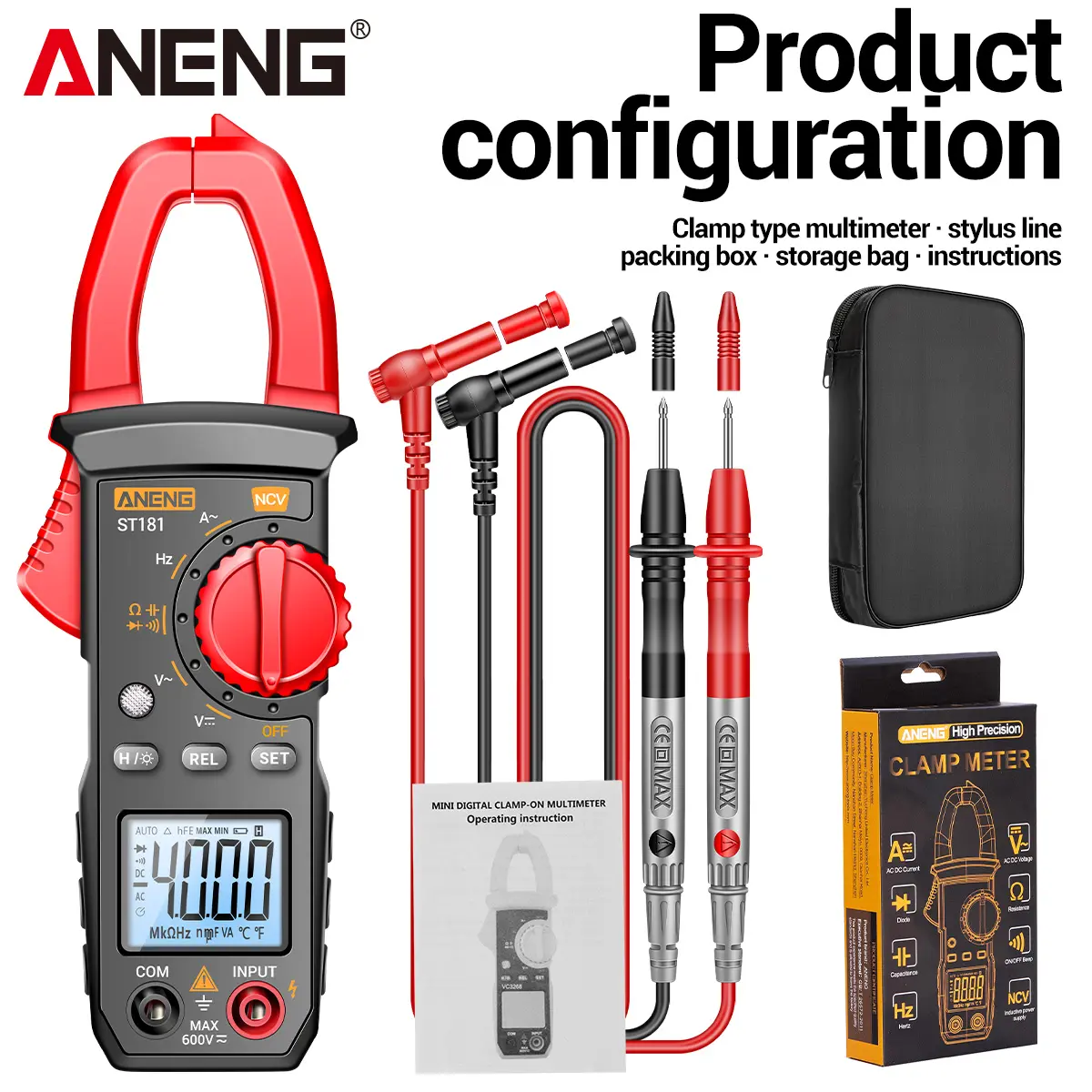 ANENG ST181 Portable & Durable Clamp-on Multimeter - 4000A AC Clamp, 0 Voltage Detector, Circuit Tester Tool with Storage Bag, Quick Detection for Electricians to Test AC/DC Voltage, Resistance, Capacitance, Frequency, Continuity, Breaker, Box, User-Frien