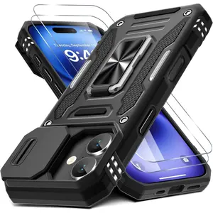 Case for iPhone 17 6.3-Inch with Slide Camera Cover + Screen Protector (2 Packs), Rotated Ring Kickstand Military Grade Shockproof Protective Cover-Black