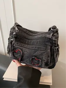 Leisure and versatile shoulder bag, washed denim fabric, retro and simple trendy crossbody bag, heart-shaped denim handbag for work, shopping, outdoor commuting, armpit bag, Denim Crossbody Bags