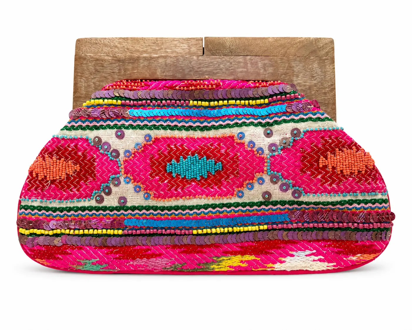 Women's Boho Beaded Clutch with Ethnic Embroidery, Large Statement Party Handbag, Hot Pink, 13 x 9in, Lined with Interior Pocket, Beads, Large Size, Lightweight, Everyday Glam, Bold, Confident Women, Evening