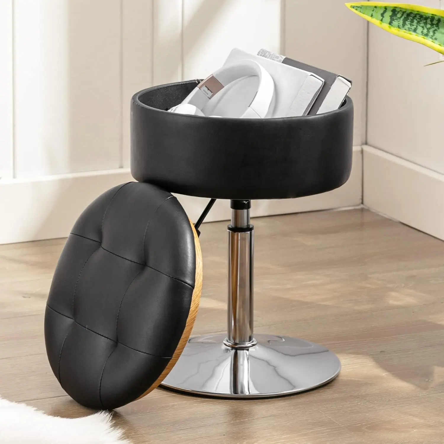 360?Swivel Vanity Stool Chair for Makeup Room, Height Adjustable Stool for Vanity with Storage, Small Black Faux Leather for Bathroom, Living Room