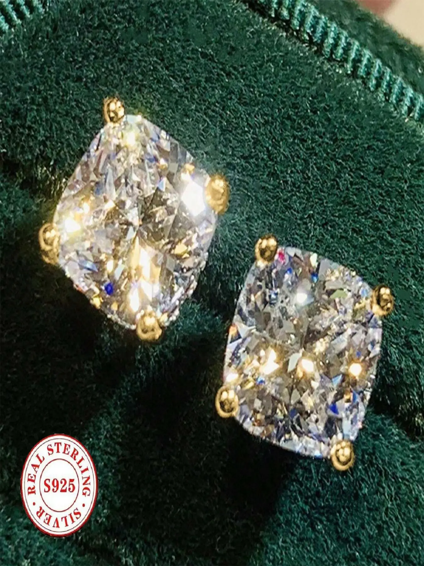 S925 Sterling Silver Gold Plated Cushion Cut Stud Earrings with Secure Setting, 8CT Sparkling Cubic Zirconia Diamond Simulant, Brilliant Zircon, Hypoallergenic Wedding Bridal Jewelry for Women, Studs Earrings, CZ Diamond Earrings, Bride Earrings