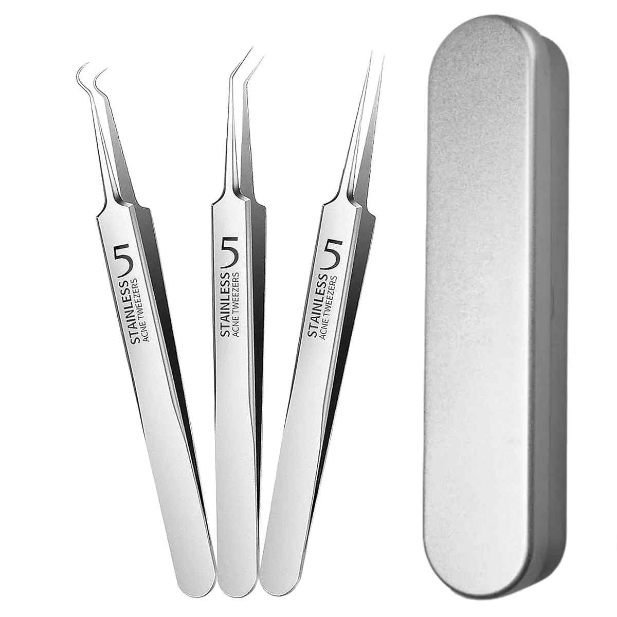 3pcs Blackhead Tweezers, Blackhead Removal Tweezers, Blackhead Extractor, Pimple Popper Tool Kit, Blackhead Remover Tools, Professional Stainless Skin Zit Acne Blemish Whitehead Popping Removing Surgical Tools Set, Silver, Remove Blackhead