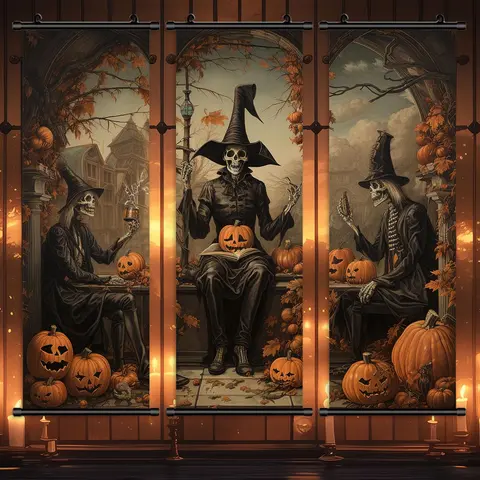 Halloween Skeleton Character & Pumpkin Pattern Wall Art, 3 Counts/set Horror Style Halloween Hanging Banner, Wall Art Decor for Home Living Room Party Decor Supplies