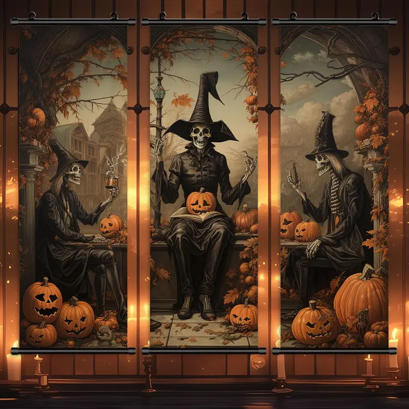 Halloween Skeleton Character & Pumpkin Pattern Wall Art, 3 Counts/set Horror Style Halloween Hanging Banner, Wall Art Decor for Home Living Room Party Decor Supplies