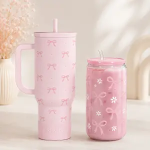 SANDJEST 40oz Insulated Tumbler with Slider & 16oz Glass Cup Set, Ideal for Coffee, Tea, Smoothies, Matcha, Water & Hydration, Cup Holder Friendly