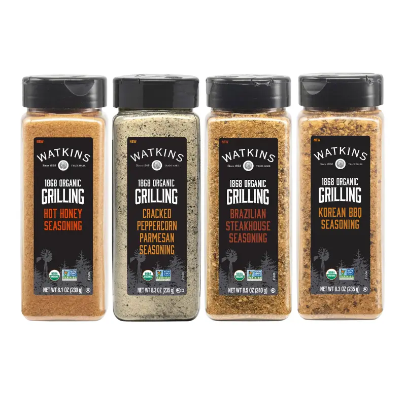 Watkins 1868 Organic Grilling Seasoning Kits - Premium Spice Blends  Bold Flavor Hot Honey, Cracked Peppercorn Parmesan BBQ Seasoning Rub, Savory Brazilian Steakhouse, Korean BBQ - All-Purpose Herb Seasoning  Variety Pack for Startup cabinet