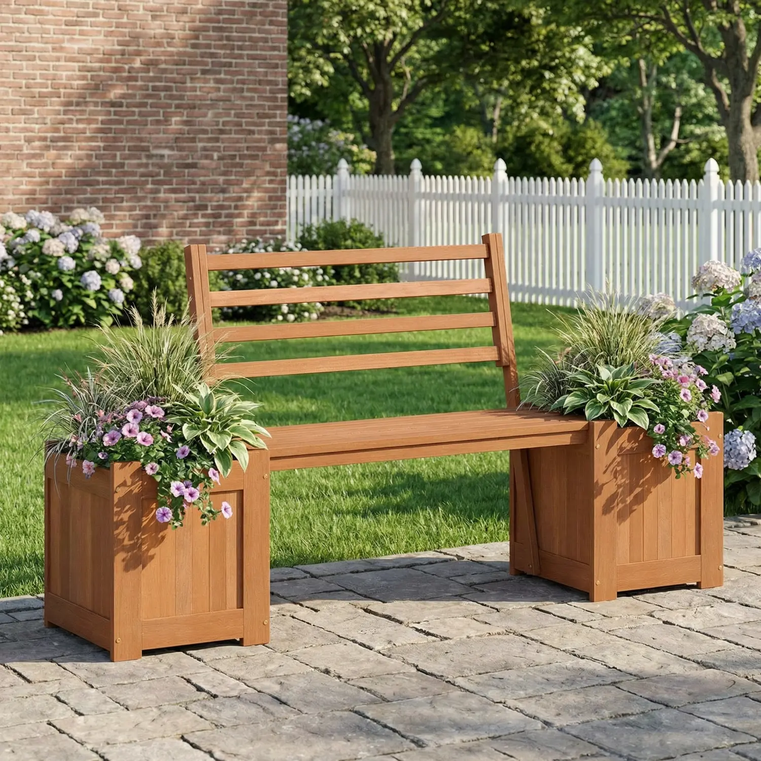 Wood Planter Bench with Backrest, 68" Outdoor Garden Seat with 2 Integrated Planter Boxes, Natural Hardwood Patio Bench for Yard, Porch, Balcony or Entryway, Patio Outdoor Furniture
