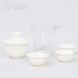 Portable Travel Tea Set Jade Tea Set with Elegant White Gaiwan and Clear Glass Pitcher for On-the-Go Tea Lovers