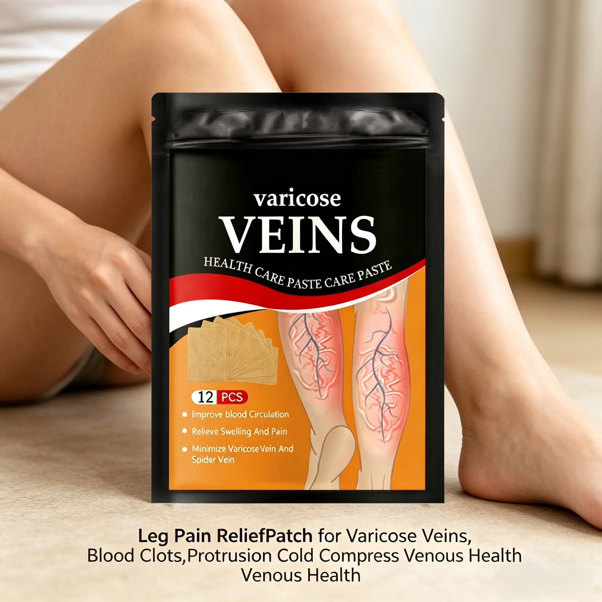 Natural Herbal Formula Varicose Vein Care Patches (12 Count) - Gentle Leg Pain Relief, Throbbing Discomfort Ease, Cold Compress, Blood Circulation Support for Venous Health (Beauty & Personal Care)