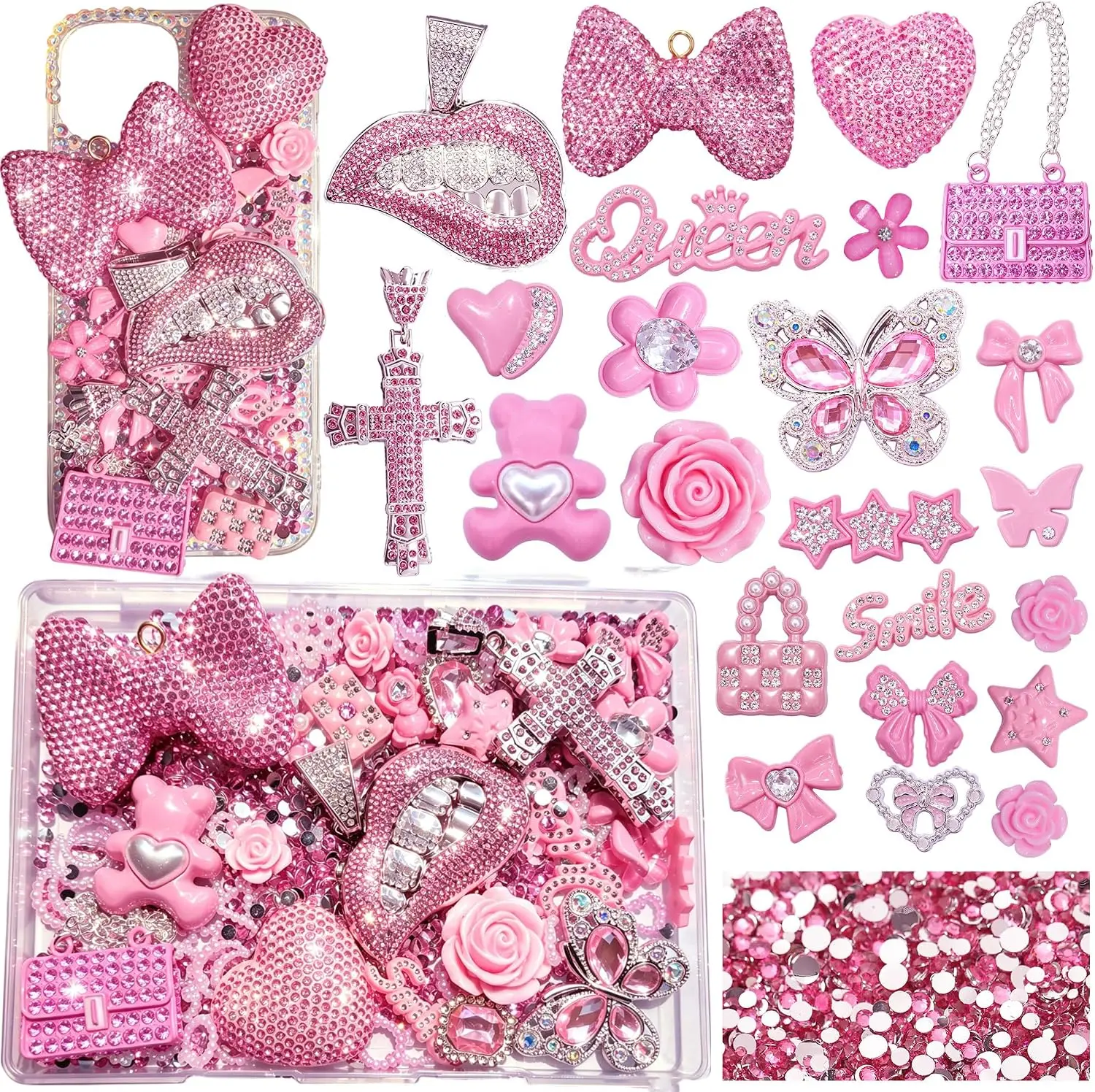 Pink Junk Case Charms Kit,Junks Phone Cases,Large Charm Kit with 3D Rhinestone Cool teeth / lips / Bows / Chain Bags / Hearts / Cross / Flowers,Big Charms for Customizing DIY Cases,Flatback Rhinestone for Customizing DIY Craft Accessories