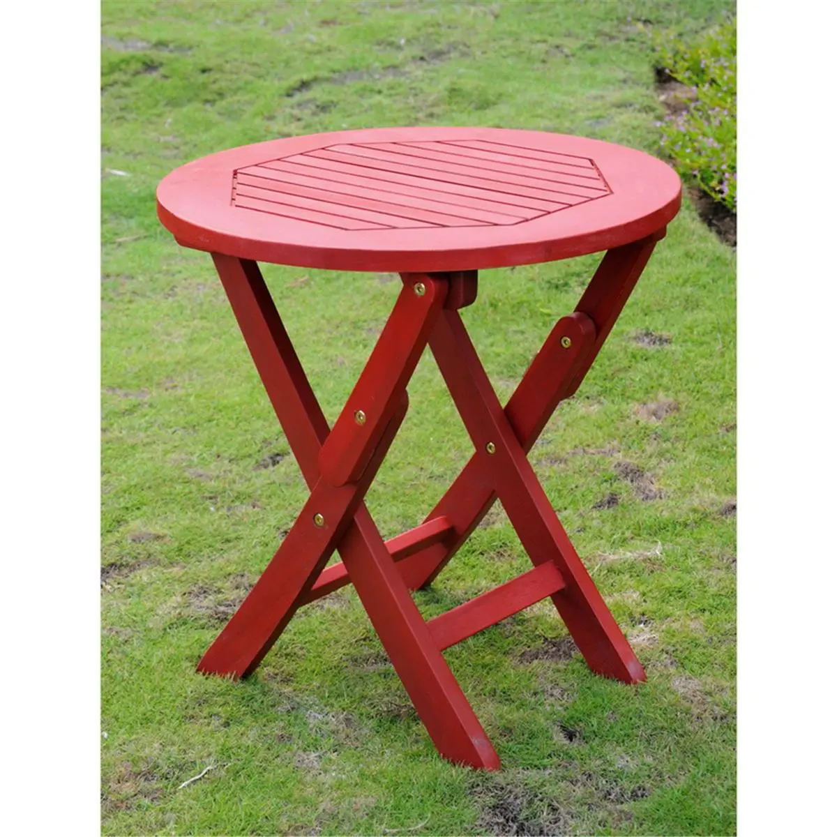 International Caravan Rustic Acacia Wood Durable Round Foldable Portable Outdoor Patio Side Table, Barn Red, 11 lbs, for Balcony Use, Portable Outdoor Tables