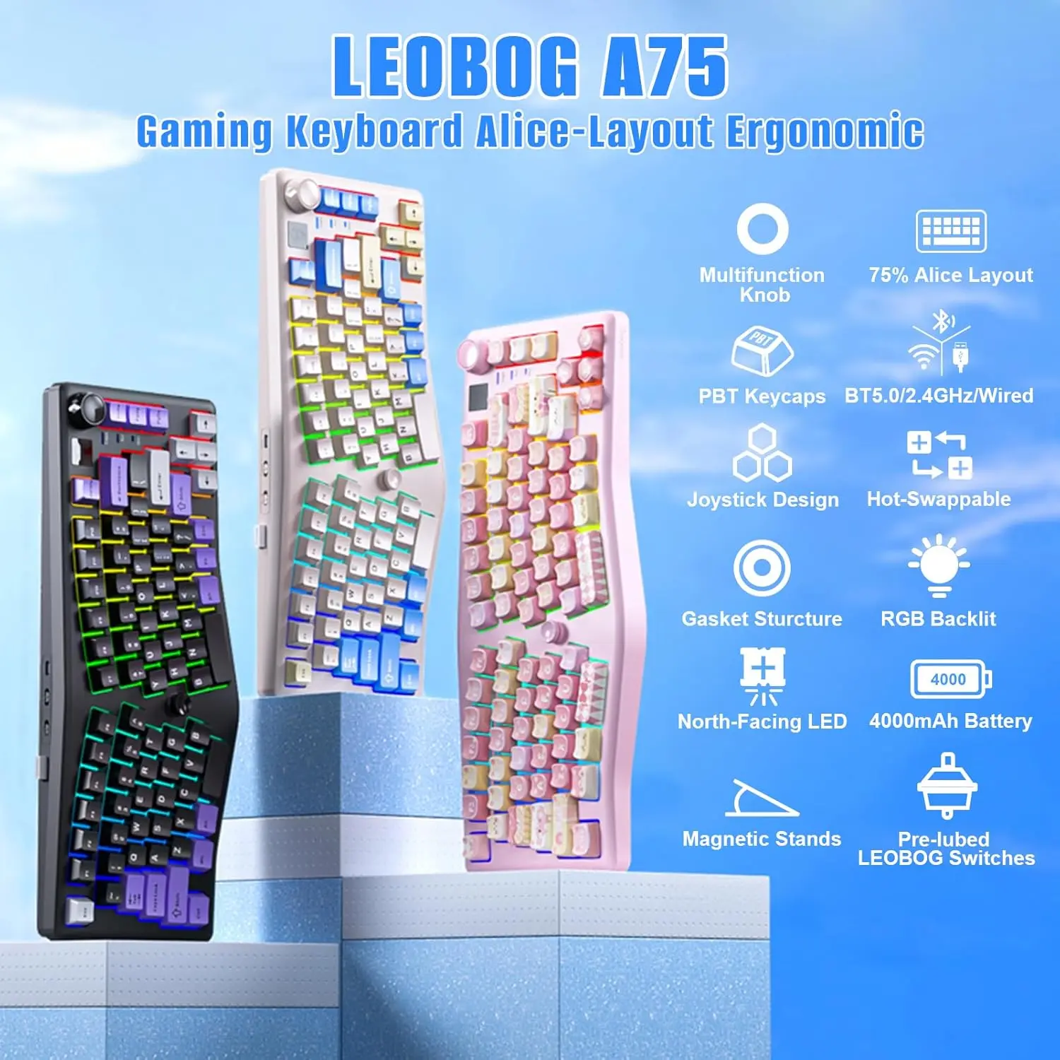 A75 Alice Keyboard, Tri-Mode Bluetooth/2.4G/USB-C Ergonomic Cute Creamy Keyboard with RGB Backlit Functional Knob Joystick, 75% Layout Hot-Swap Gasket Custom Keyboard for Win Mac PC Gamer-Blue