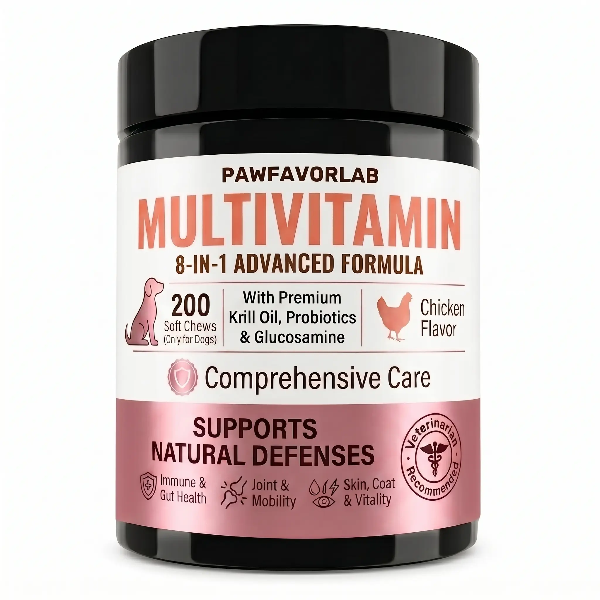 PAWFAVORLAB Daily Multivitamin for Dogs (Chicken Flavor) Human-grade, Vet-formulated, 8-in-1 Chewable Multivitamin Bite for Dogs, Soft Chew Immune Support Dog Treats 200 Soft Chews pet chews vitamins and supplements